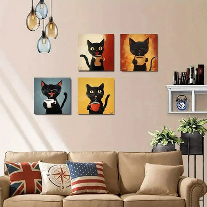 4pcs Charming Black Cat with Coffee Mug Wall Art Canvas Framed