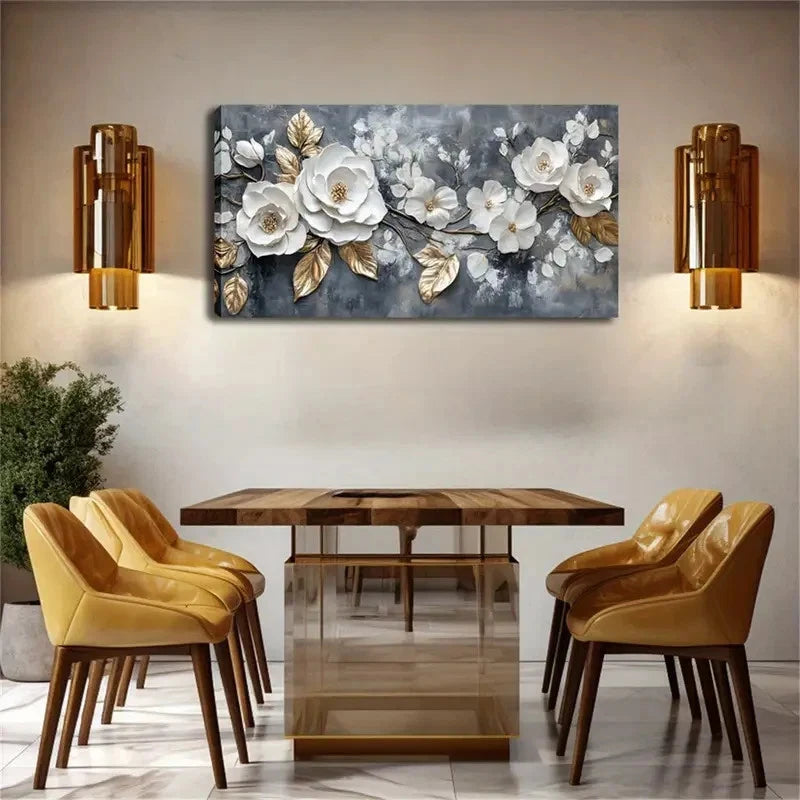 Blooming White Flowers & Gold Wall Art canvas office home room framed 120x60cm - Bella Home Decor