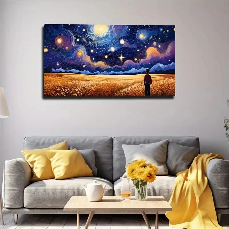Dreamy Starry Night With Golden Wall Art Canvas Office Home Room Framed 120x60cm