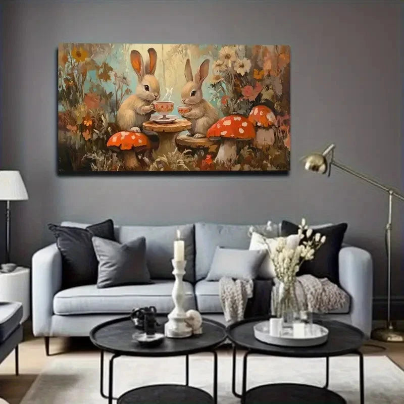 Charming Rabbit & Mushroom Tea Wall Art Canvas Office Home Room Framed 120x60cm