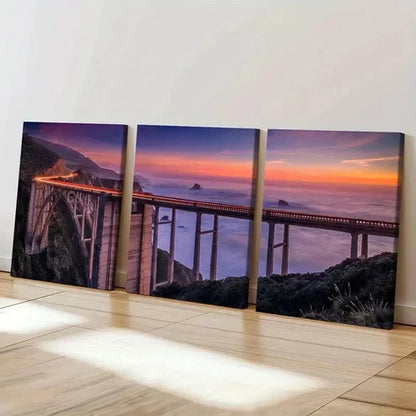 3pcs Coastal Landscape with Train & Sunset Wall Art Set Canvas Unframed - High Quality Print 100% Australian Made Wall Canvas - Bella Home Decor