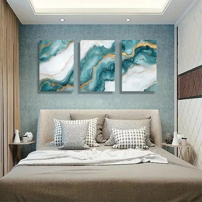 3pcs Teal and Golden Abstract Fluid Perfect Wall Art Set Canvas Unframed - High Quality Print 100% Australian Made Wall Canvas
