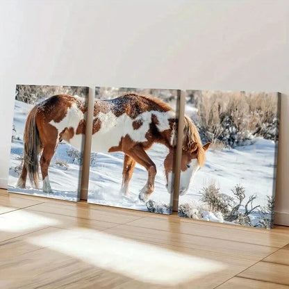 3pcs Snowy Landscape with Brown and White Horse Wall Art Set Canvas Framed 40x60cm - High Quality Print 100% Australian Made Wall Canvas Ready to Hang - Bella Home Decor