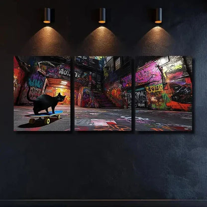 3pcs Black Cat & Colorful Skateboard Triptych Wall Art Canvas Unframed - High Quality Print 100% Australian Made Wall Canvas - Bella Home Decor