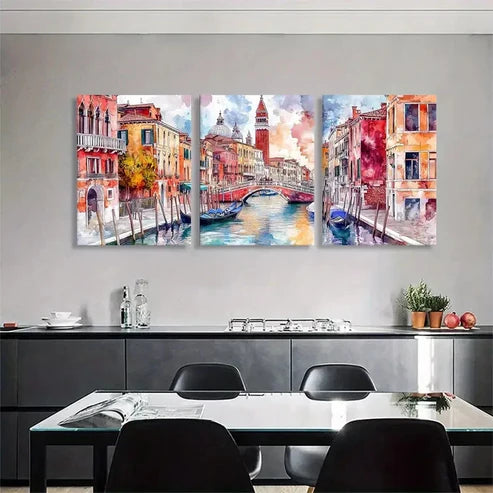 3pcs Venice Canal Triptych Vibrant Perfect Wall Art Set Canvas Unframed - High Quality Print 100% Australian Made Wall Canvas