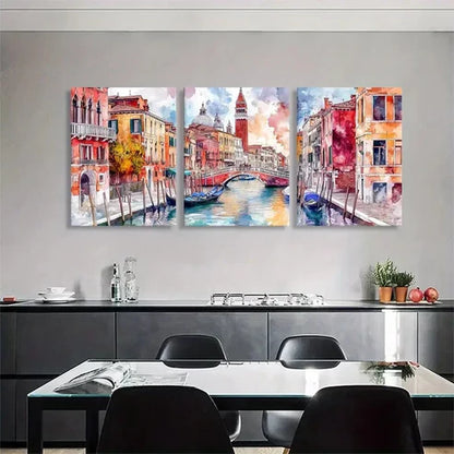 3pcs Venice Canal Triptych Vibrant Perfect Wall Art Set Canvas Unframed - High Quality Print 100% Australian Made Wall Canvas