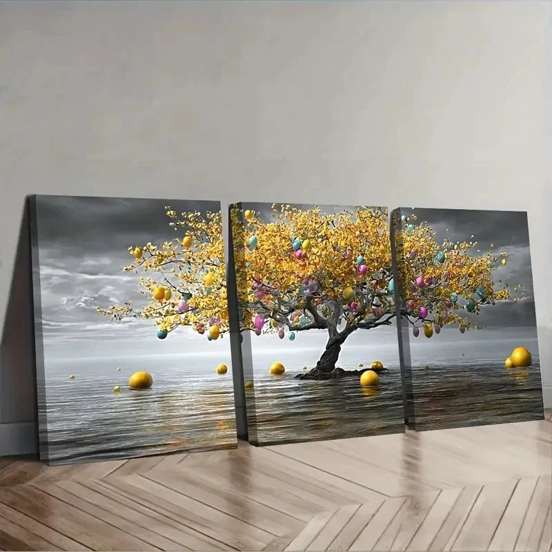 3pcs Golden Leaves Glowing Orbs & Ocean Wall Art Set Canvas Framed 60x90cm - High Quality Print 100% Australian Made Wall Canvas Ready to Hang - Bella Home Decor