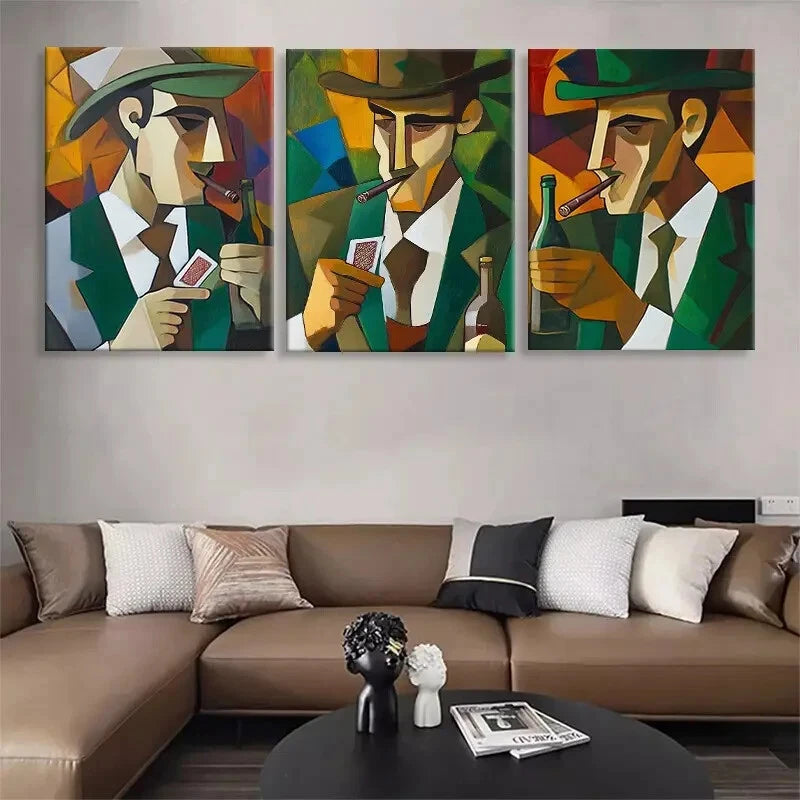 3pcs Cubism Gentleman Vintage Cigar Perfect Wall Art Set Canvas Framed 40x60cm - High Quality Print 100% Australian Made Wall Canvas Ready to Hang