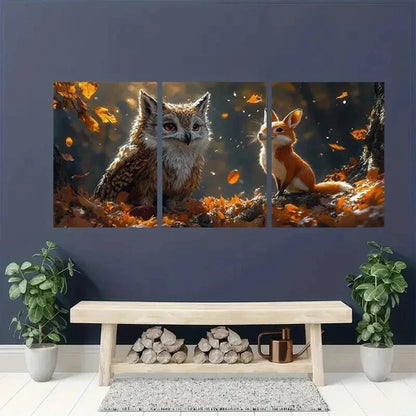 3pcs Rustic Owl & Rabbit in Autumn Scene Wall Art Canvas Unframed - High Quality Print 100% Australian Made Wall Canvas