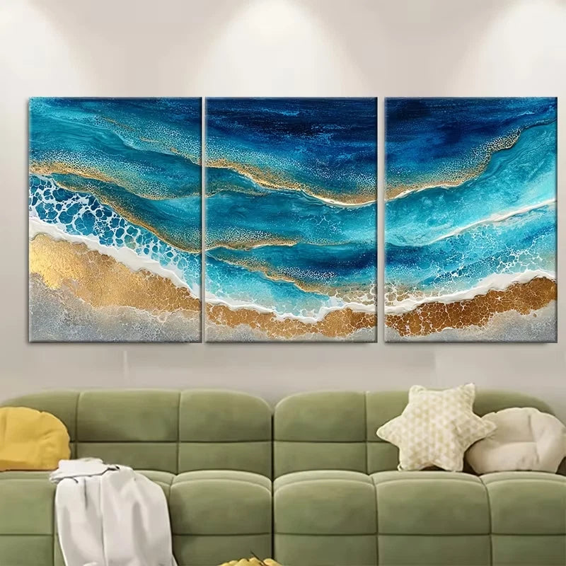 3pcs Abstract Ocean Painting Golden Seascape Metal Print Ready to Hang Art - Bella Home Decor