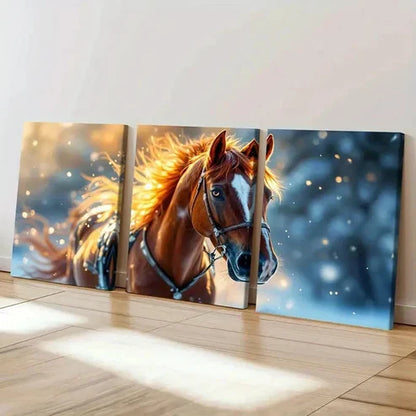 3pcs Vibrant Horse with Golden Mane Wall Art Set Canvas Unframed - High Quality Print 100% Australian Made Wall Canvas