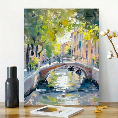 Venice Canal, A Small Bridge with Flowers Painting 40x60cm Metal Print Ready to Hang - Bella Home Decor