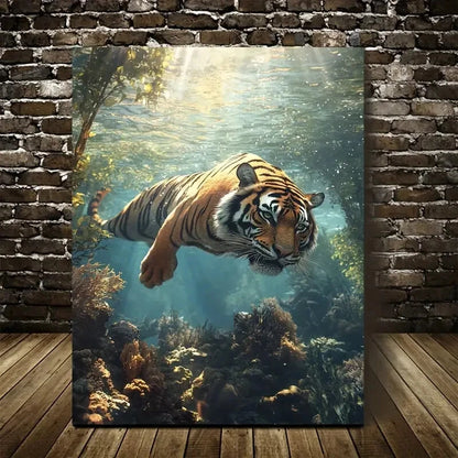 Realistic Tiger Swinging Underwater In Coral Painting 40x60cm Metal Print Ready to Hang - Bella Home Decor