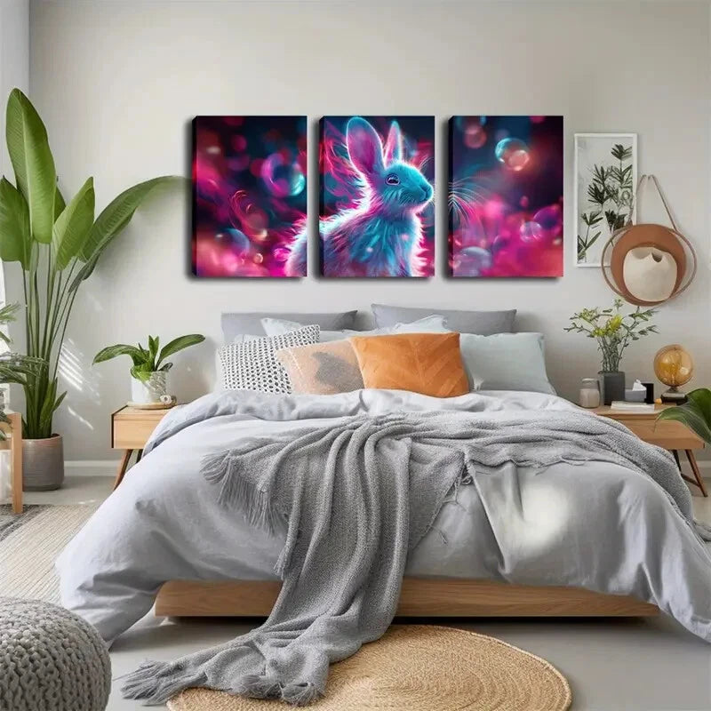3pcs Pink Rabbit Glowing Neon Accent Perfect Wall Art Set Canvas Framed 40x60cm - High Quality Print 100% Australian Made Wall Canvas Ready to Hang - Bella Home Decor