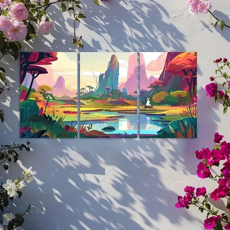 3pcs Colorful Cartoon Style Landscape Metal Print Ready to Hang Art - Bella Home Decor