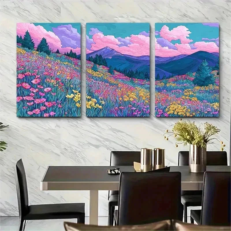 3pcs Mountain Spring Wildflower Land Perfect Wall Art Set Canvas Framed 50x70cm - High Quality Print 100% Australian Made Wall Canvas Ready to Hang