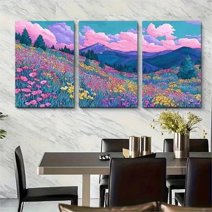 3pcs Mountain Spring Wildflower Land Perfect Wall Art Set Canvas Framed 50x70cm - High Quality Print 100% Australian Made Wall Canvas Ready to Hang