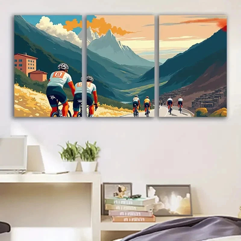 3pcs Cyclists on Mountain Road Landscape Scene Wall Art Set Canvas Framed 60x90cm - High Quality Print 100% Australian Made Wall Canvas Ready to Hang - Bella Home Decor