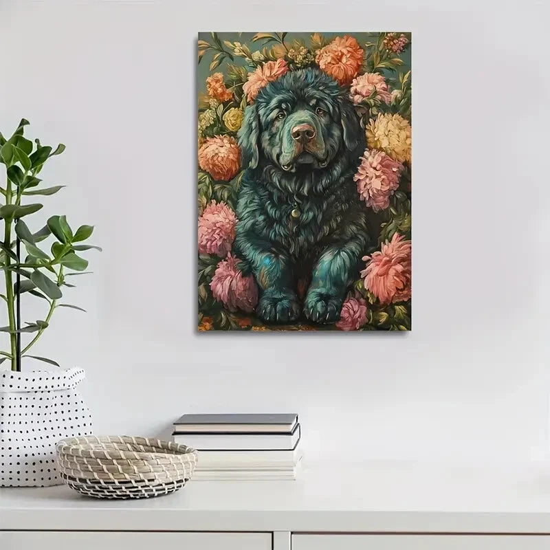 Vibrant Floral Tibetan Mastiff Dog Painting 40x60cm Metal Print Ready to Hang