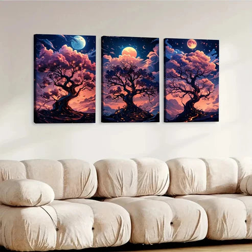 3pcs Cartoon Tree Glowing Branches Pink Clouds Wall Art Set Canvas Unframed - High Quality Print 100% Australian Made Wall Canvas - Bella Home Decor