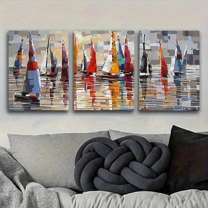 3pcs Colorful Sailboats Reflection Wall Art Set Canvas Framed 50x70cm - High Quality Print 100% Australian Made Wall Canvas Ready to Hang - Bella Home Decor