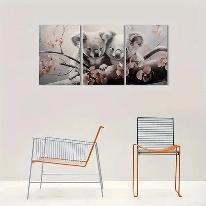 3pcs Adorable Koala Trio Cherry Blossoms Metal Print Ready to Hang Art - Bella Home Decor