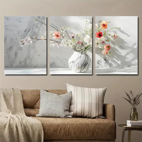 3pcs Botanical Floral Marble Vase Wall Art Set Canvas Unframed - High Quality Print 100% Australian Made Wall Canvas - Bella Home Decor