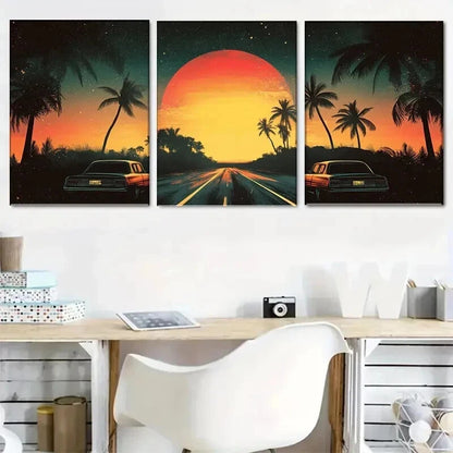 3pcs Retro Sunset Road with Palm Trees Perfect Wall Art Set Canvas Framed 50x70cm - High Quality Print 100% Australian Made Wall Canvas Ready to Hang - Bella Home Decor