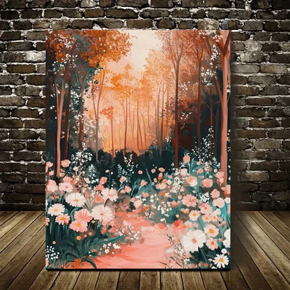 Lush Peach Forest Scene with Vibrant Foliage Painting 40x60cm Metal Print Ready to Hang