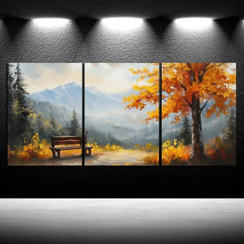 3pcs A Bench Under Autumn Leaves Metal Print Ready to Hang Art - Bella Home Decor