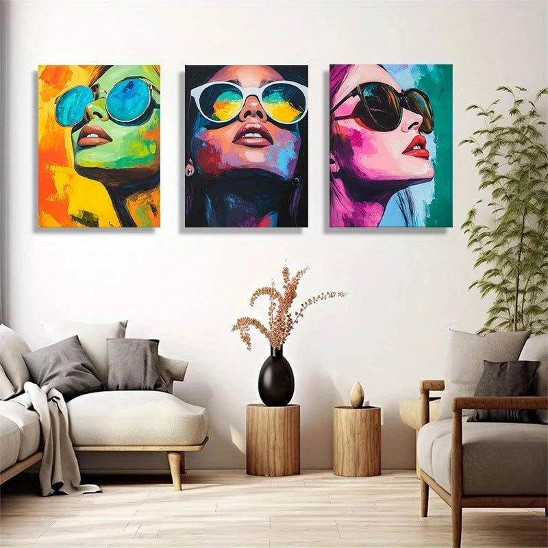 3pcs Confident Female Figures Glasses Modern Metal Print Ready to Hang Art - Bella Home Decor