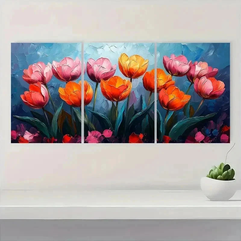 3pcs Vibrant Tulip Impasto Style TY  Wall Art Set Canvas Framed 50x70cm - High Quality Print 100% Australian Made Wall Canvas Ready to Hang - Bella Home Decor