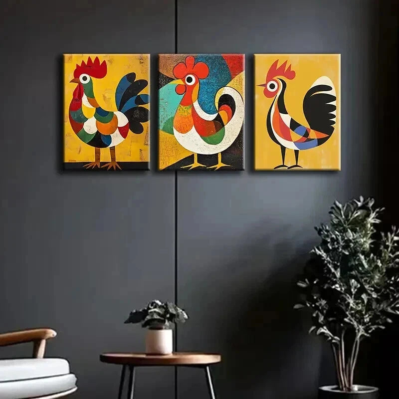 3pcs Abstract Rooster Colorful Perfect Wall Art Set Canvas Framed 60x90cm - High Quality Print 100% Australian Made Wall Canvas Ready to Hang