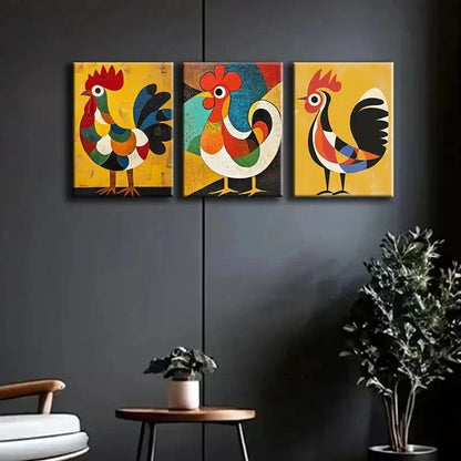 3pcs Abstract Rooster Colorful Perfect Wall Art Set Canvas Framed 60x90cm - High Quality Print 100% Australian Made Wall Canvas Ready to Hang