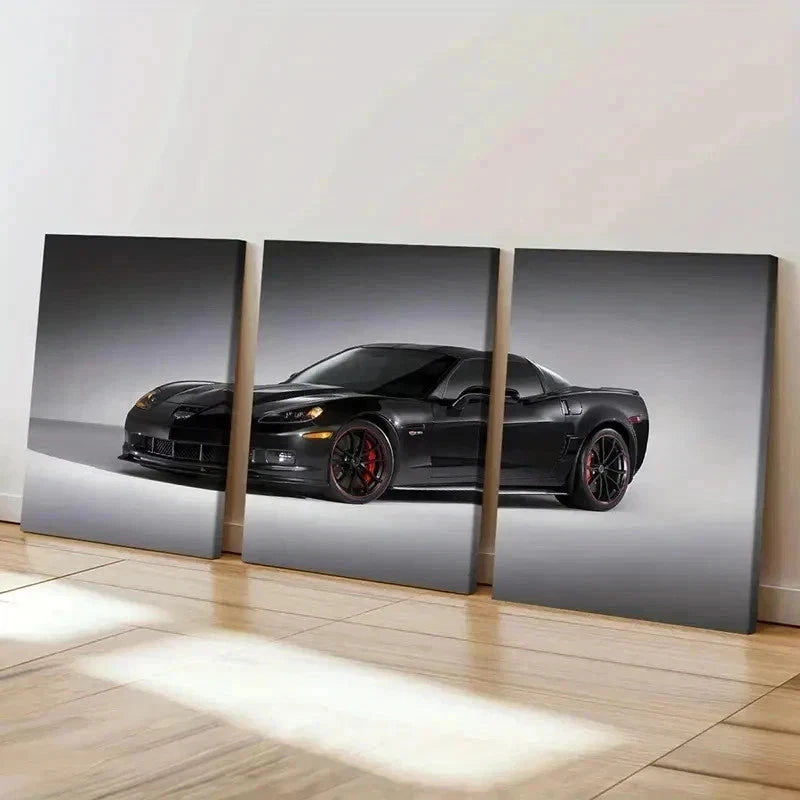 3pcs Black Color Super Car Modern Vehicle Wall Art Set Canvas Framed 60x90cm - High Quality Print 100% Australian Made Wall Canvas Ready to Hang - Bella Home Decor