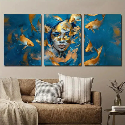 3pcs Golden And Blue Koi Fish Girl Décor Perfect Wall Art Set Canvas Framed 60x90cm - High Quality Print 100% Australian Made Wall Canvas Ready to Hang - Bella Home Decor