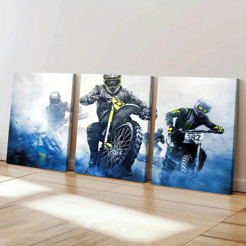 3pcs Action Packed Dirt Bike Racing Wall Art Set Canvas Framed 60x90cm - High Quality Print 100% Australian Made Wall Canvas Ready to Hang - Bella Home Decor