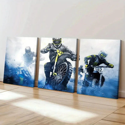 3pcs Action Packed Dirt Bike Racing Wall Art Set Canvas Framed 60x90cm - High Quality Print 100% Australian Made Wall Canvas Ready to Hang - Bella Home Decor