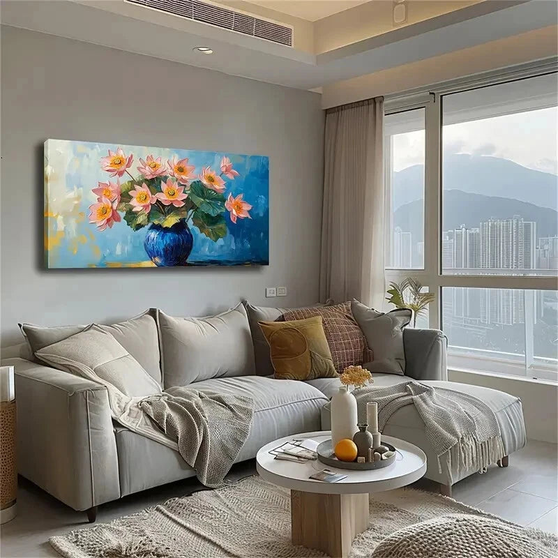 Blue Vase Pink Lotus Flowcers Wall Art Canvas Office Home Room Framed 120x60cm - Bella Home Decor