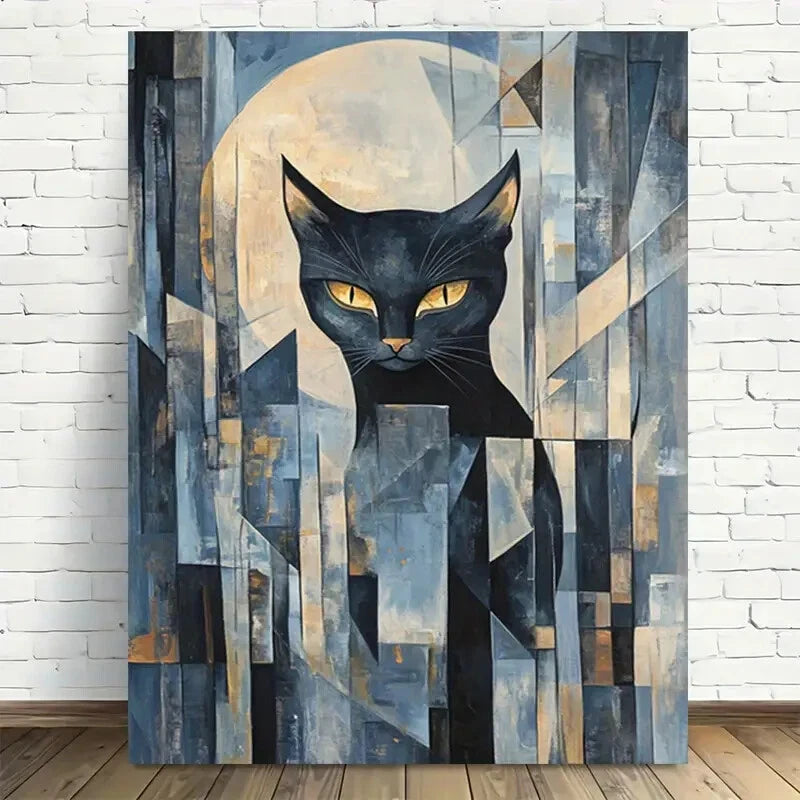 Beautiful Geometric Black Cat with Yellow Eye Painting 40x60cm Metal Print Ready to Hang - Bella Home Decor