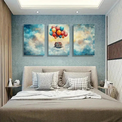 3pcs Floating House with Colorful Balloons Art Set Canvas Unframed - High Quality Print 100% Australian Made Wall Canvas