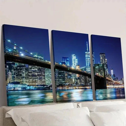 3pcs Nighttime Cityscape with a Bridge Wall Art Set Canvas Unframed - High Quality Print 100% Australian Made Wall Canvas