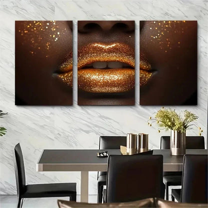 3pcs Woman In Golden Sparkles Lips Fine Perfect Wall Art Set Canvas Framed 50x70cm - High Quality Print 100% Australian Made Wall Canvas Ready to Hang