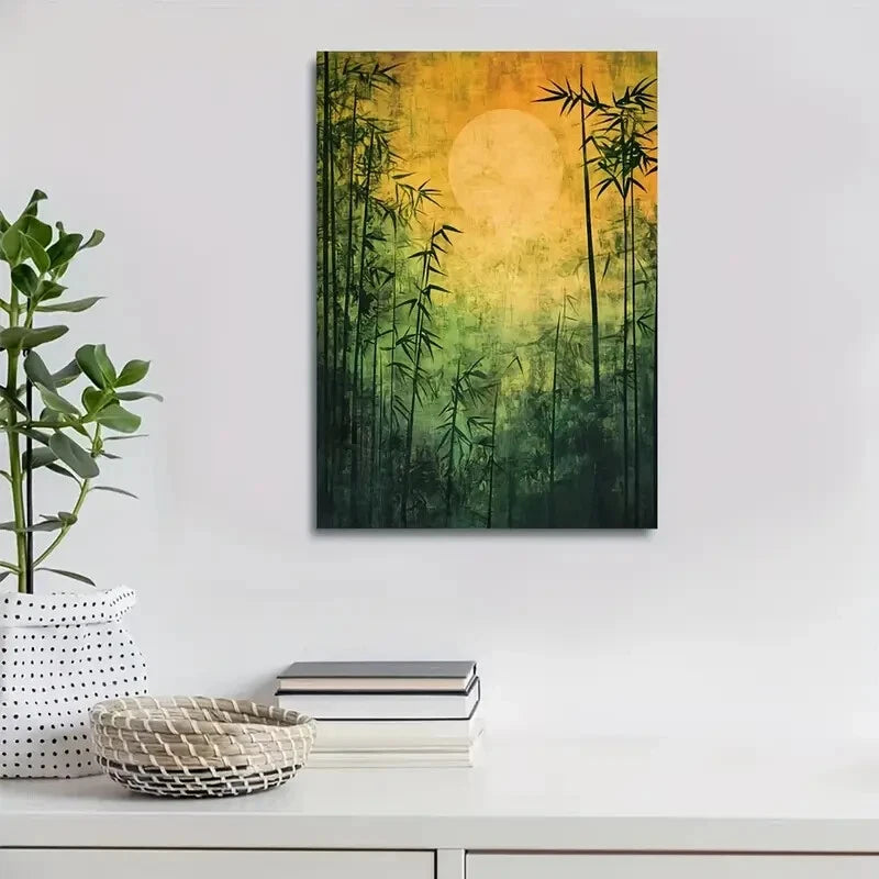 Beautiful Serene Bamboo Forest with Sunlit Painting 40x60cm Metal Print Ready to Hang - Bella Home Decor