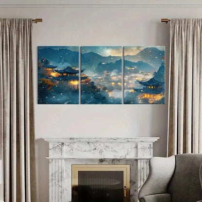 3pcs Retro Chinese Traditional Architecture Wall Art Set Canvas Framed 60x90cm - High Quality Print 100% Australian Made Wall Canvas Ready to Hang - Bella Home Decor