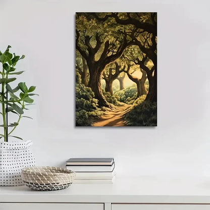 Vibrant Oak Forest Pathway Sunlit Painting 40x60cm Metal Print Ready to Hang