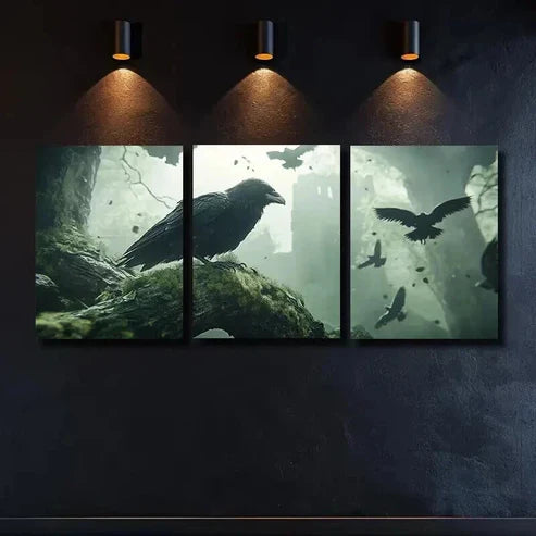 3pcs A Raven Perched on a Mossy Branch Wall Art Canvas Unframed – High Quality Print 100% Australian Made Wall Canvas - Bella Home Decor