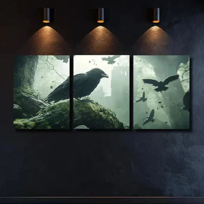 3pcs A Raven Perched on a Mossy Branch Wall Art Canvas Unframed – High Quality Print 100% Australian Made Wall Canvas - Bella Home Decor