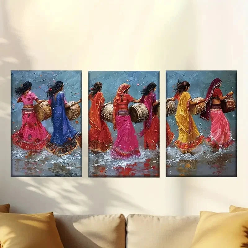 3pcs Vibrant Indian Dancers Traditional Attire Wall Art Set Canvas Framed 50x70cm - High Quality Print 100% Australian Made Wall Canvas Ready to Hang