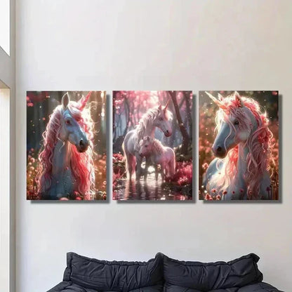 3pcs Pink Hair Unicorn Fantasy Illustration Wall Art Canvas Unframed - High Quality Print 100% Australian Made Wall Canvas